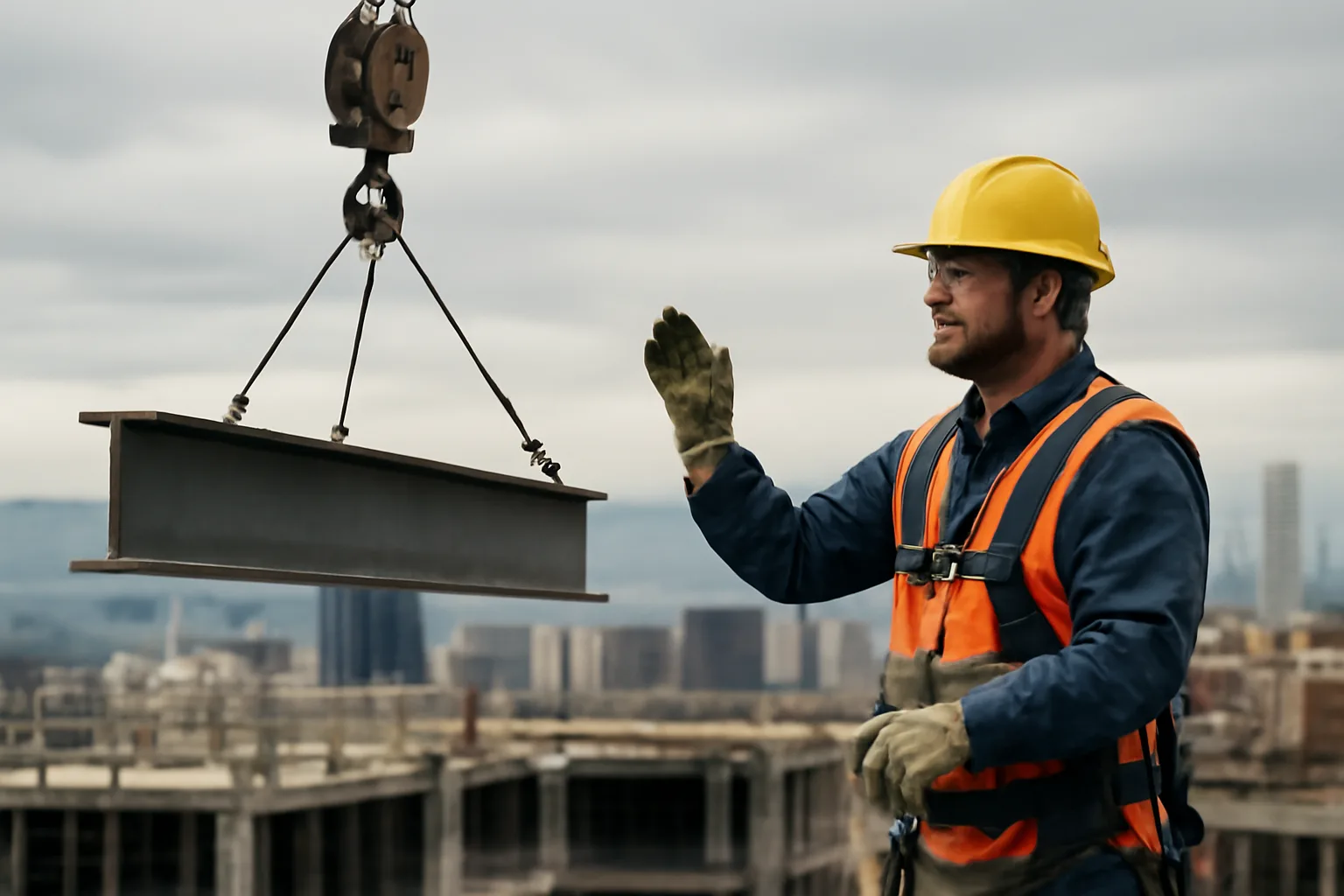 Rigger in high-visibility vest guiding a suspended steel beam on a Colorado construction site