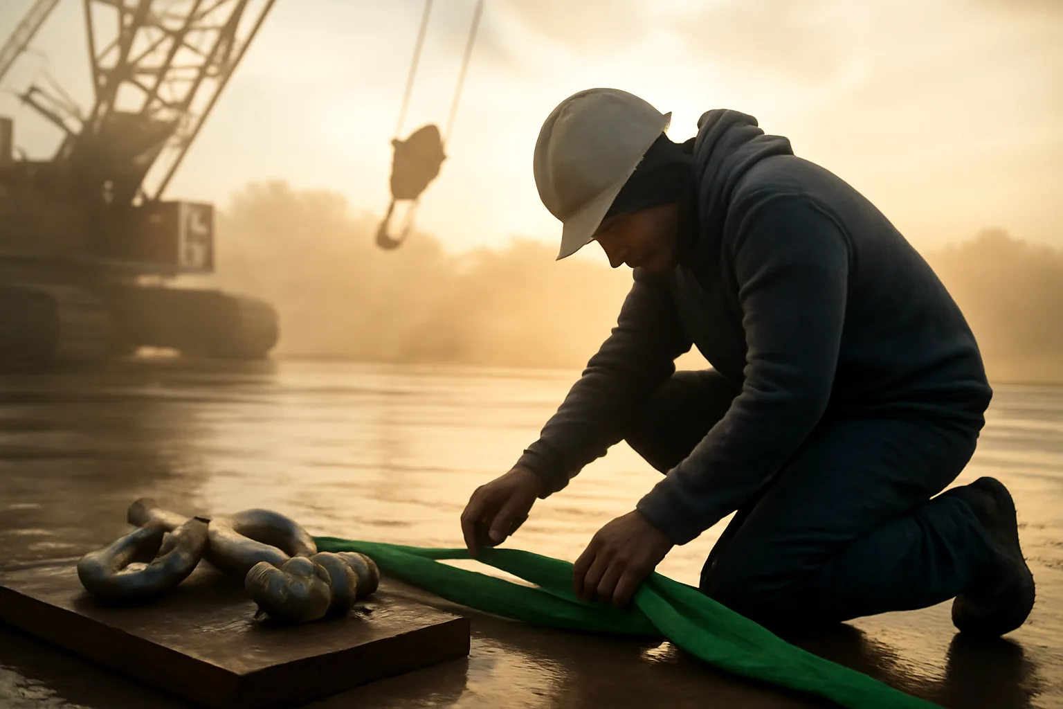 First year rigger inspects a sling beside a crane at dawn