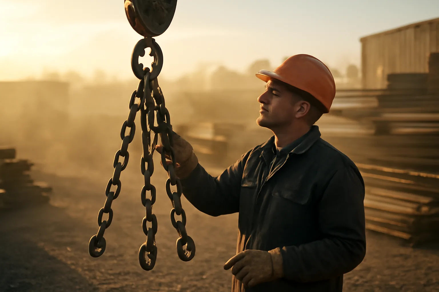 Rigger checks a chain sling on a crane hook at sunrise