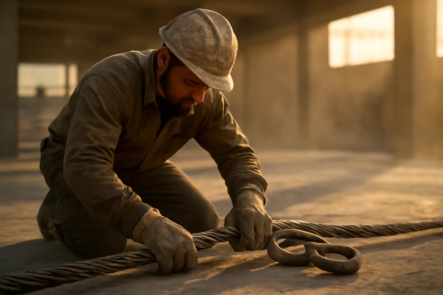 Rigger kneeling with a wire rope sling on bare concrete