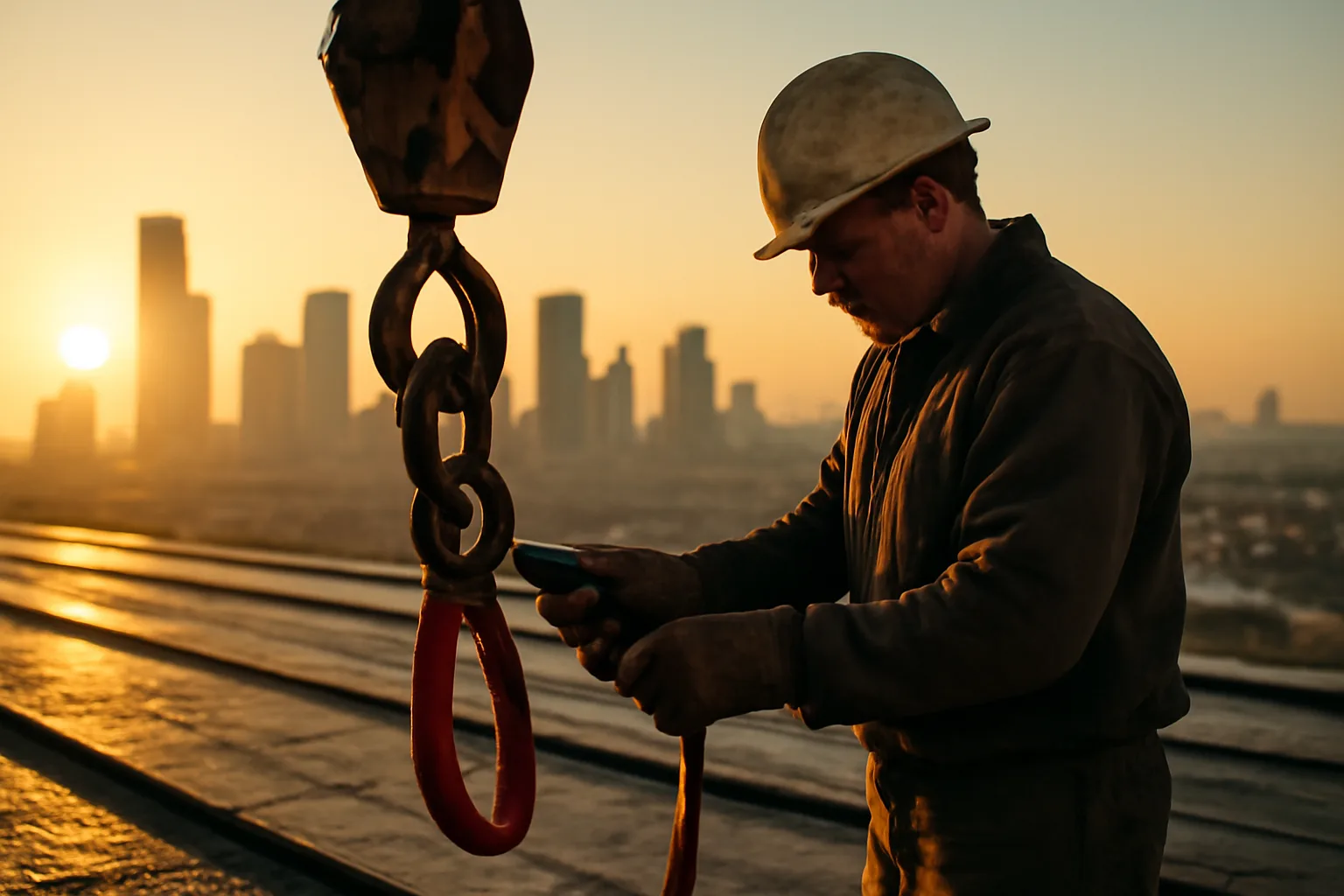 Rigger hitching a synthetic sling to a crane hook at sunrise