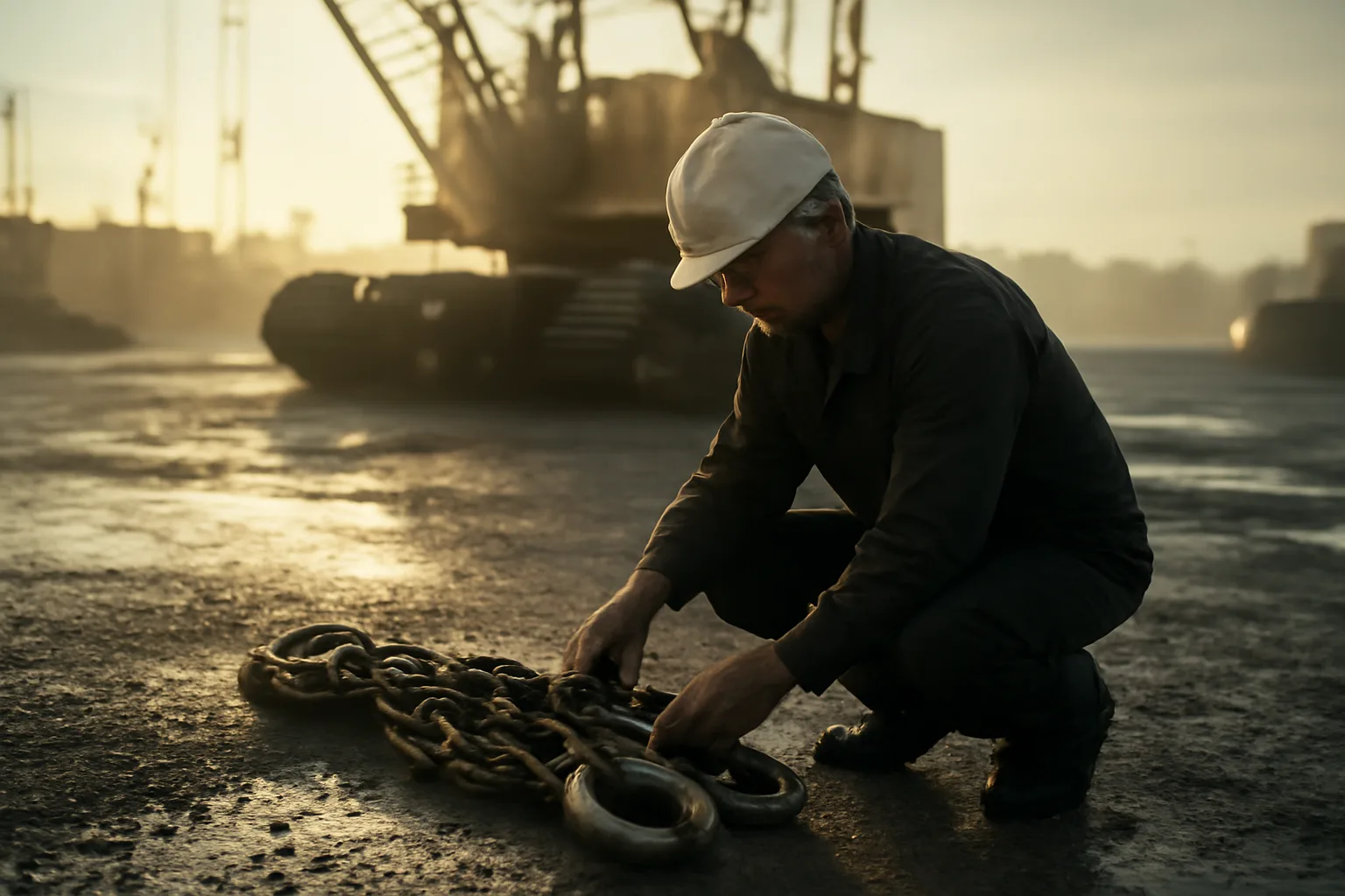 Rigger inspects a chain sling beside a crawler crane