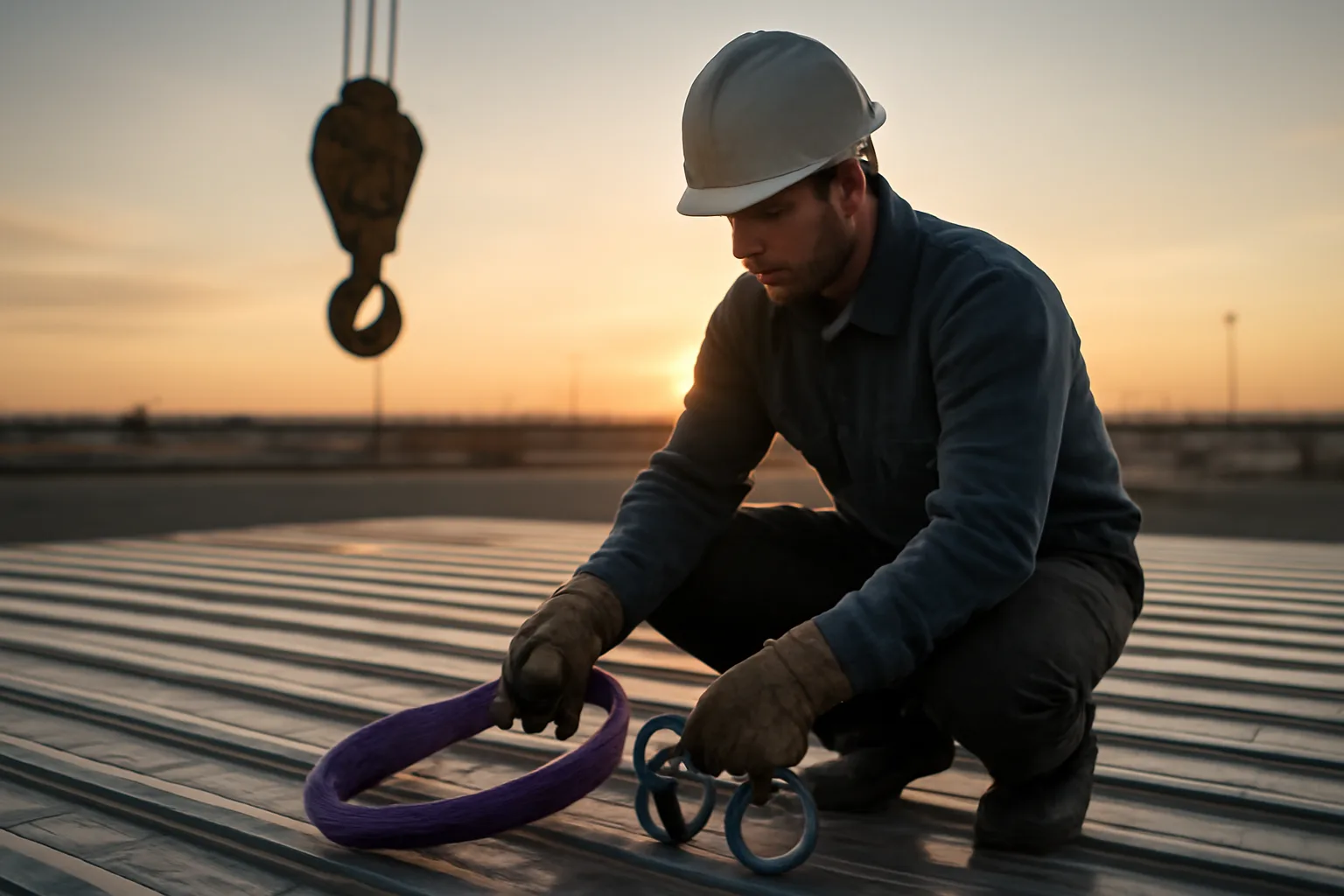 Rigger kneeling with a sling beside a crane hook at sunrise