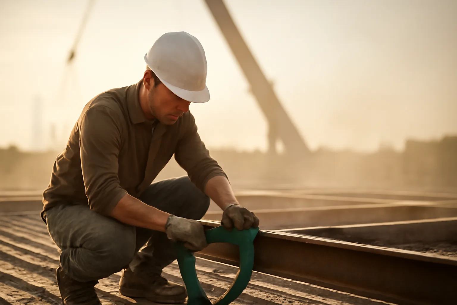 Rigger seating a sling on a steel beam outdoors