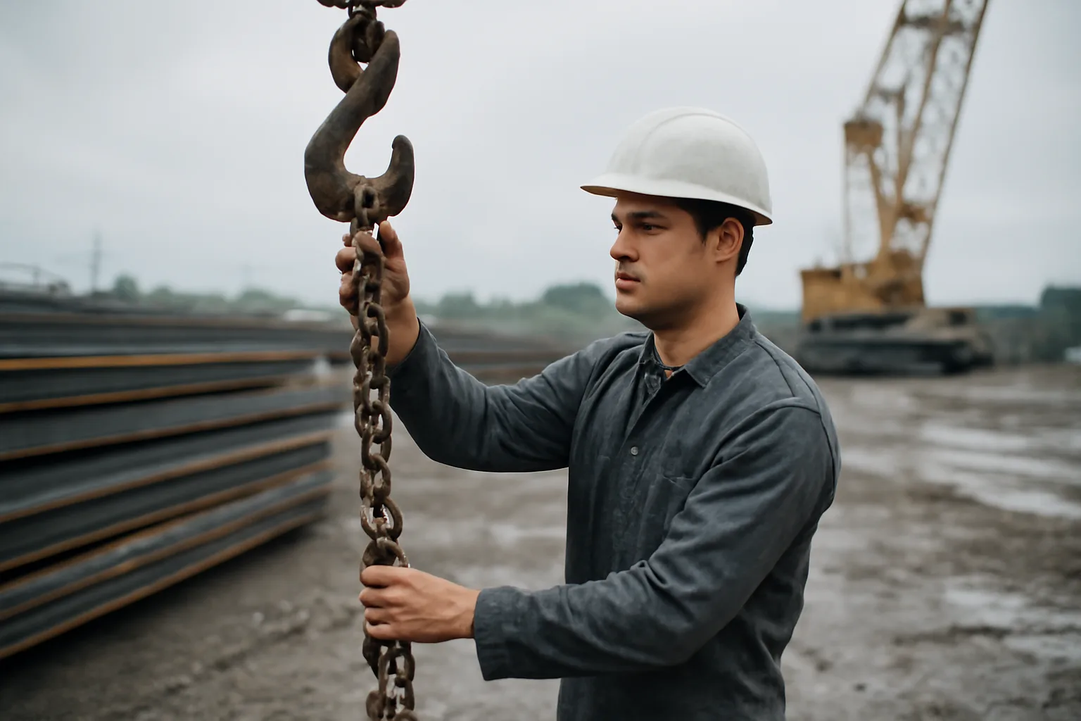 Young rigger holding a chain sling to a crane hook
