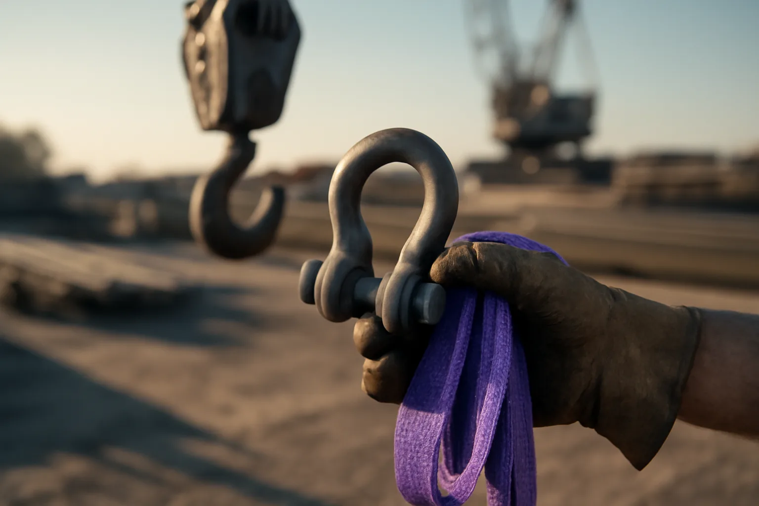 Rigger inspects sling hardware in a steel yard at dusk