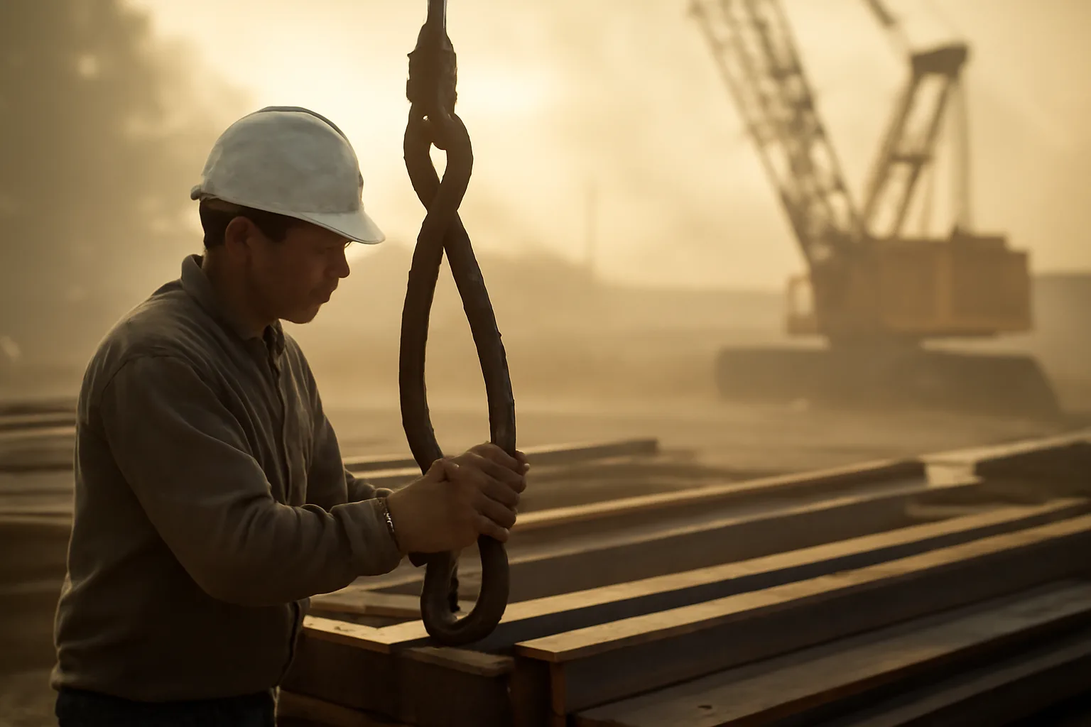 Rigger checks a lifting sling beside a crawler crane at dawn