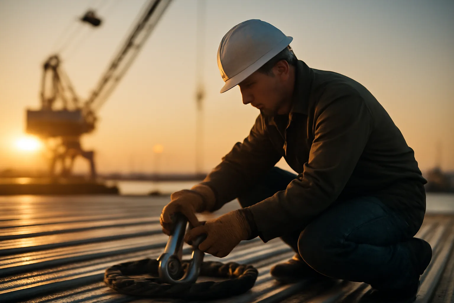 Rigger on a steel deck inspects a shackle at sunrise