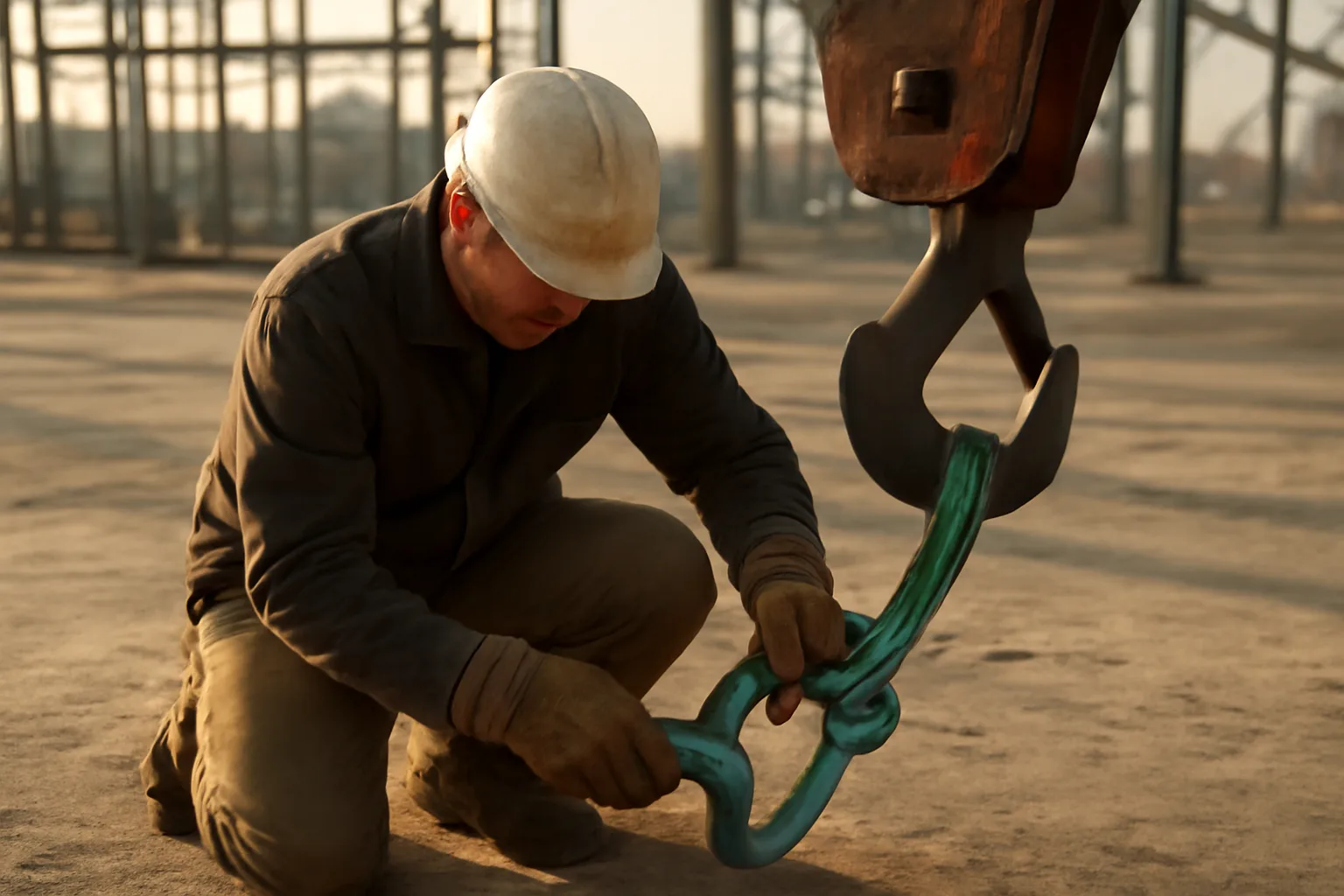 Rigger seating a shackle on a sling under a crane