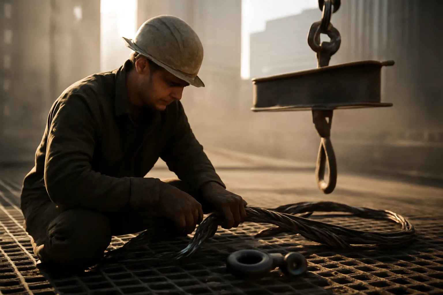 Rigger inspecting a wire rope sling beside a hanging steel beam