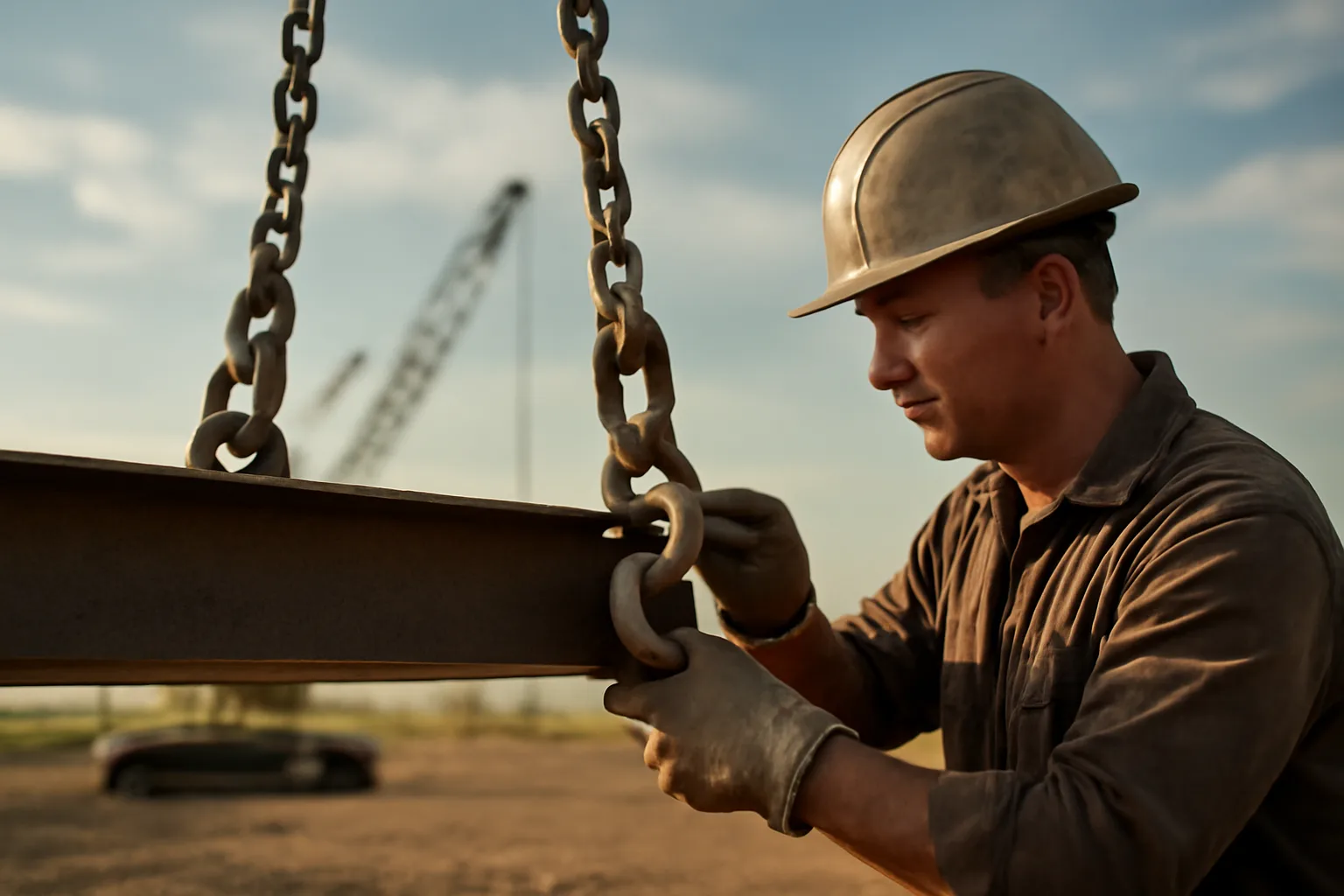 A rigger checks a shackle on a hanging steel beam
