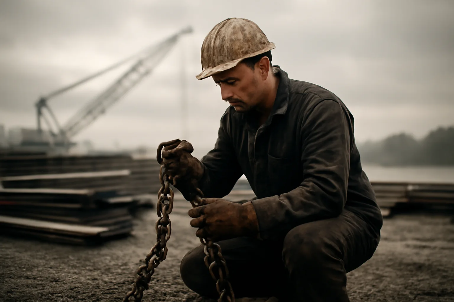 A rigger checks a chain sling on wet gravel at dawn