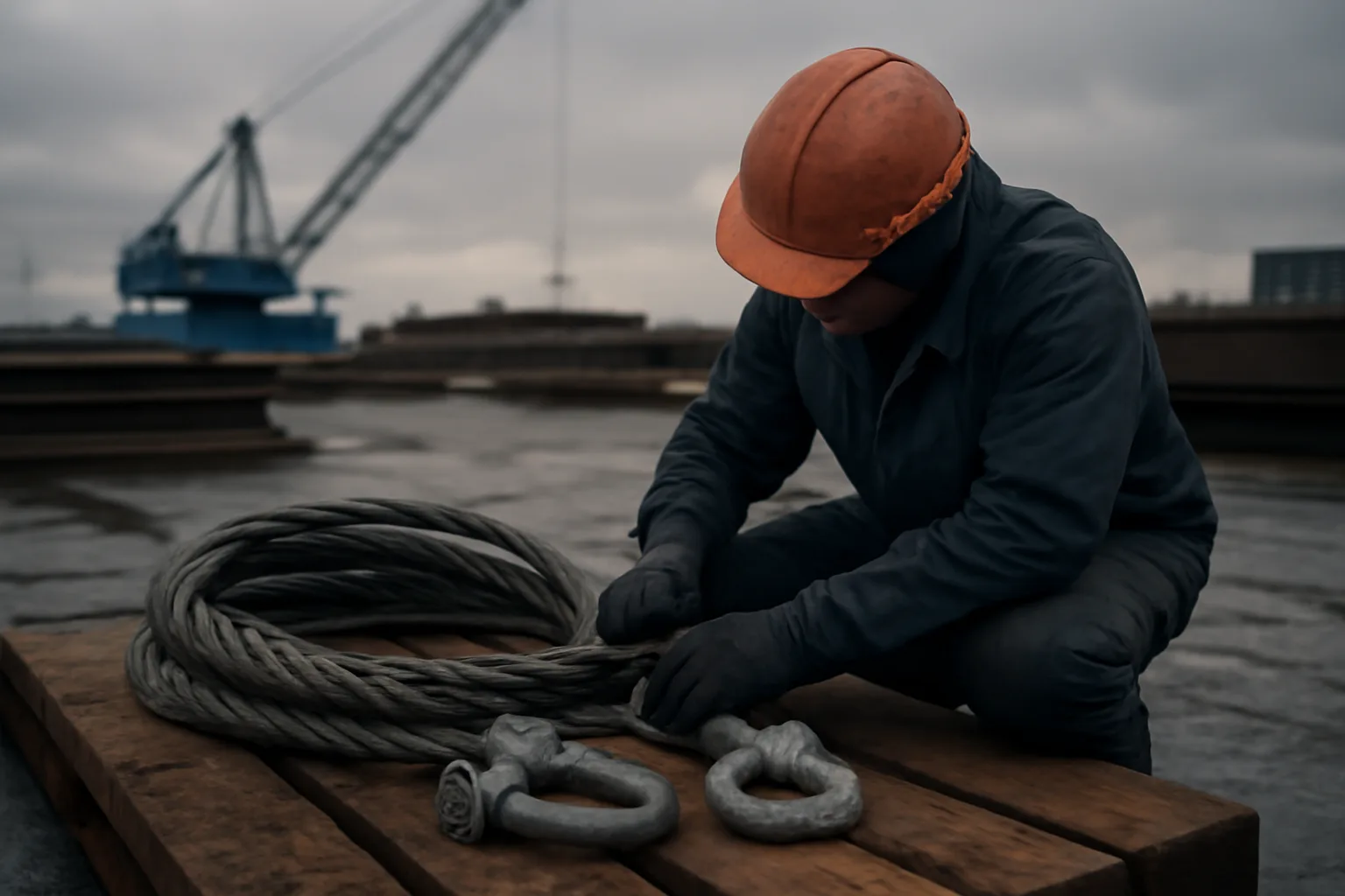 Rigger inspects a wire rope sling beside a crane at dawn