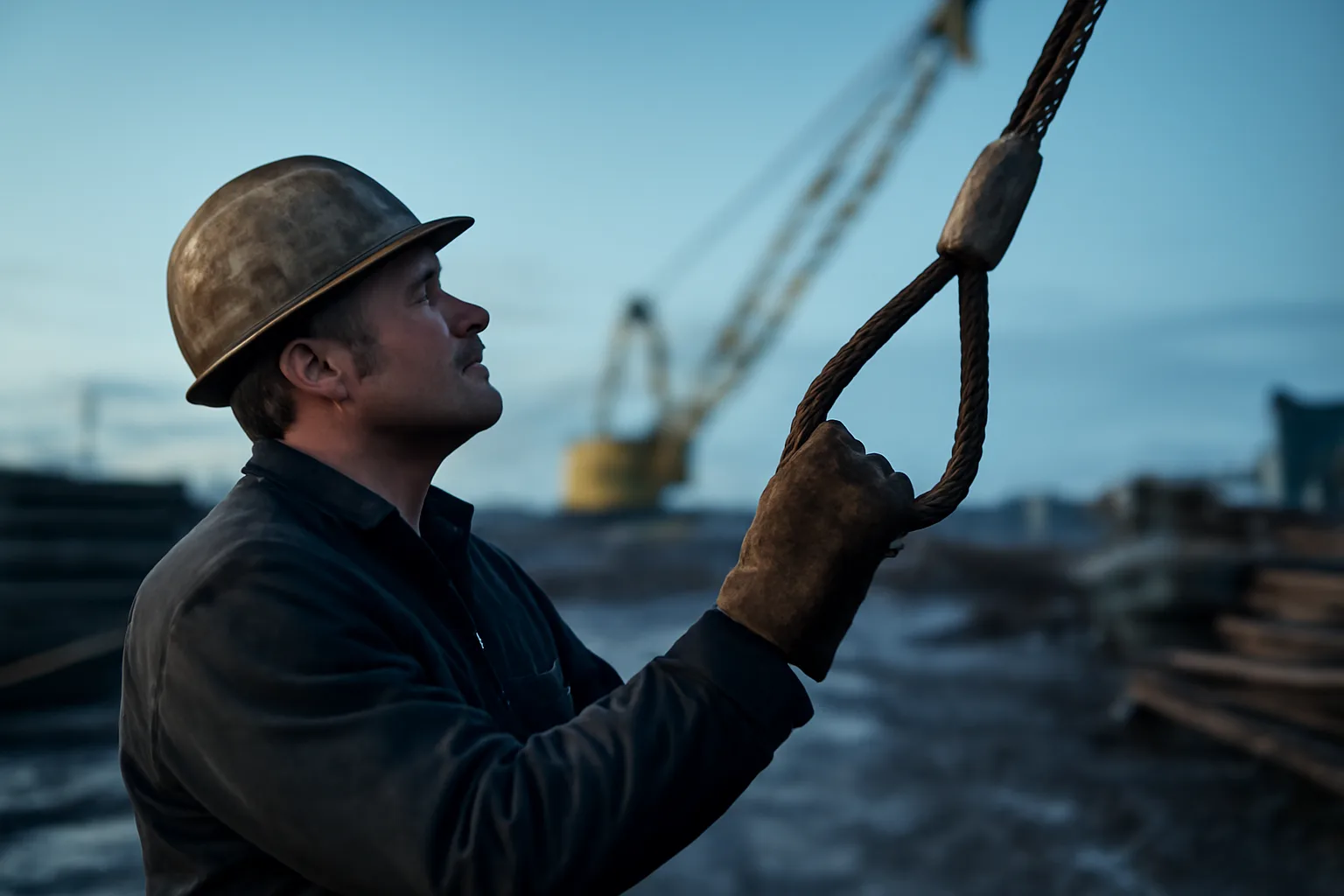 Rigger checking a wire rope sling in a steel yard