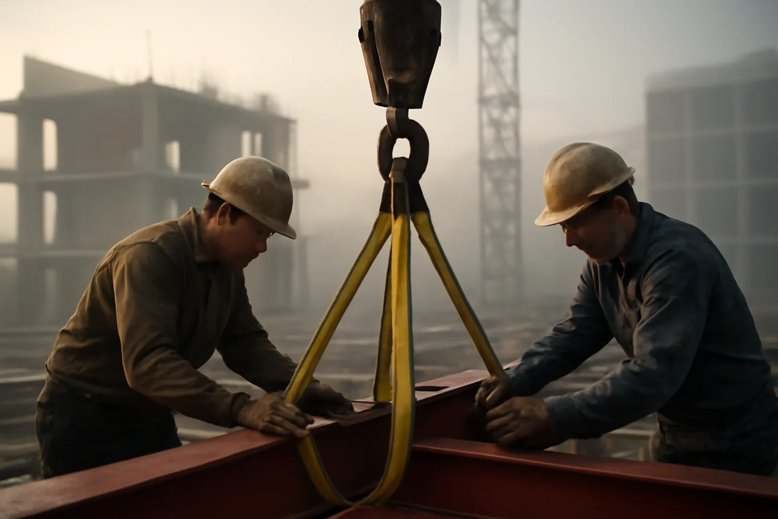 Two riggers set a sling bridle on a steel girder downtown