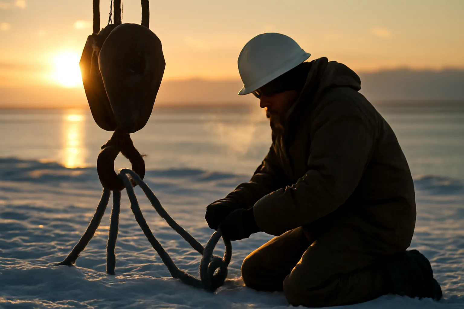 Rigger pinning a shackle under a crane on snowy Alaska ground