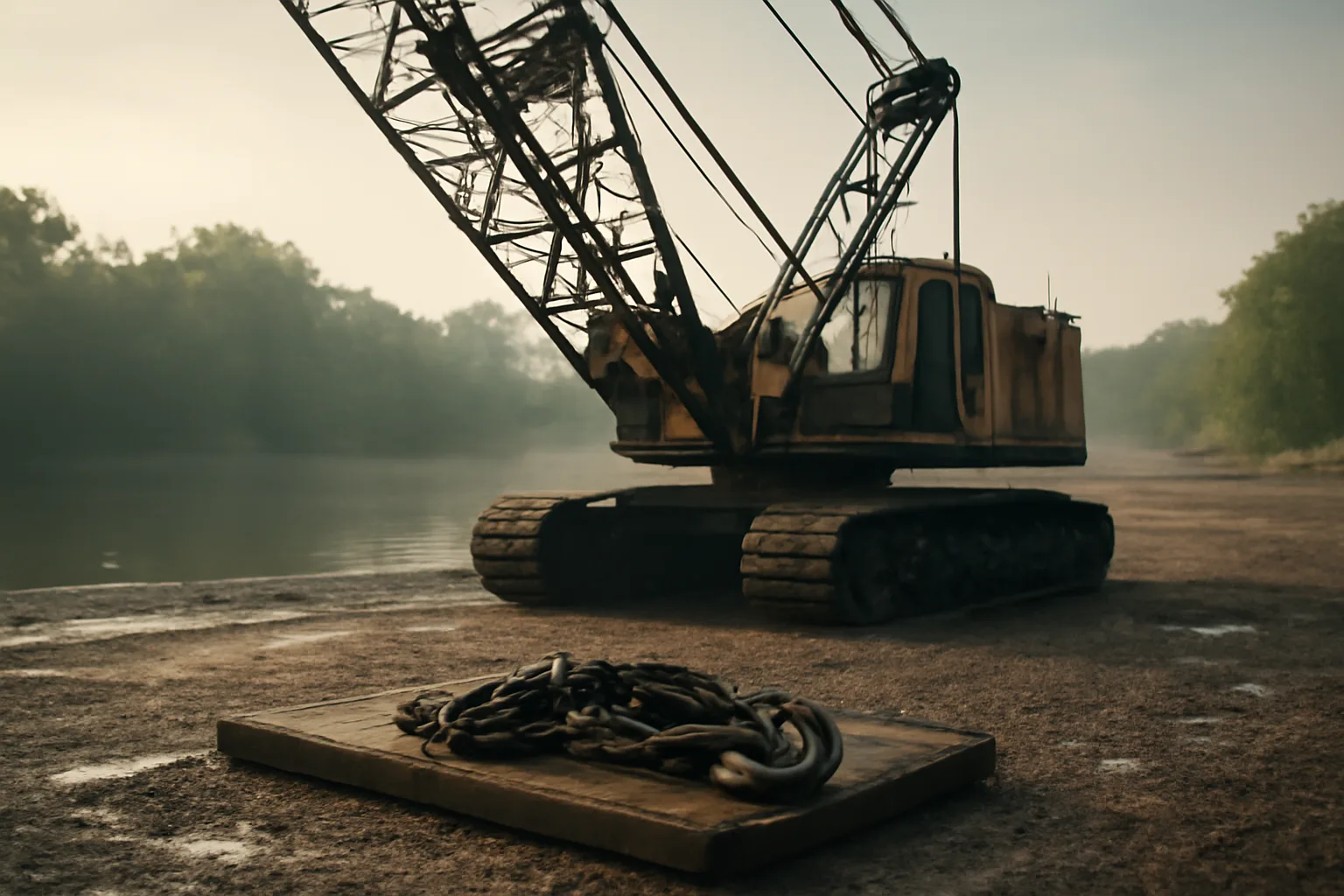Chain slings beside a crane in an Arkansas industrial yard