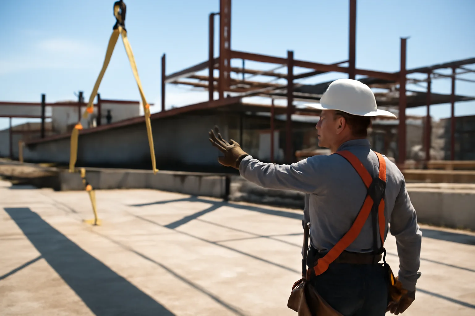 Ironworker directing a steel beam lift on a Connecticut construction site