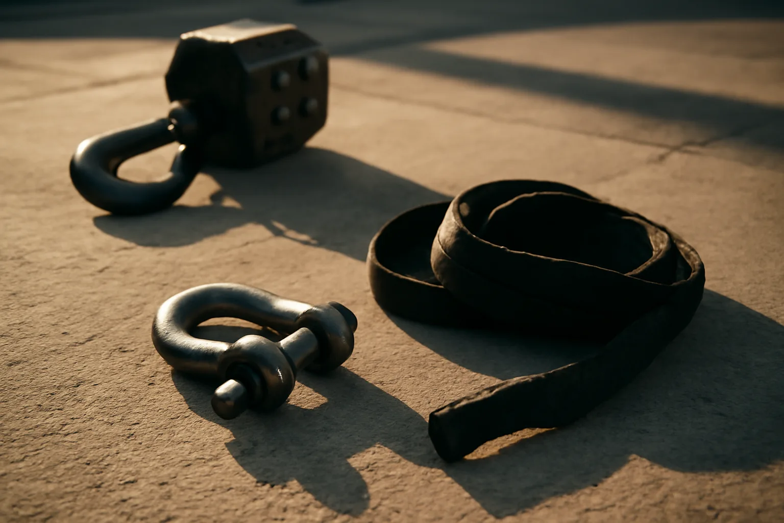Rigger hardware and a sling on concrete at a quiet jobsite