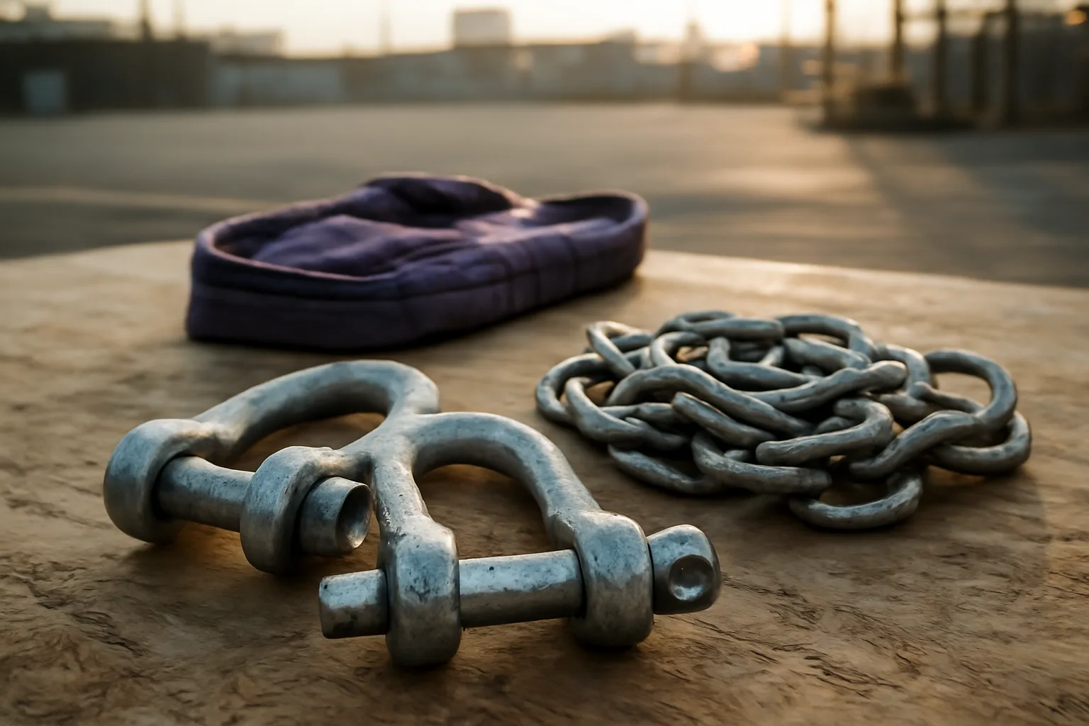 Rigger slings and shackles on plywood in a quiet yard