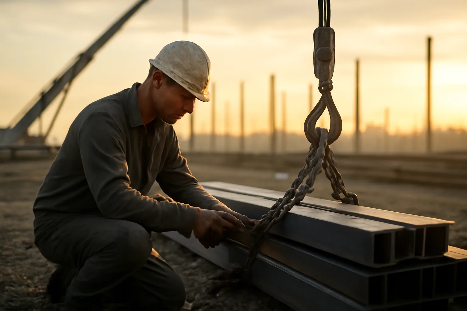 Rigger seating a chain sling on steel beams at dawn