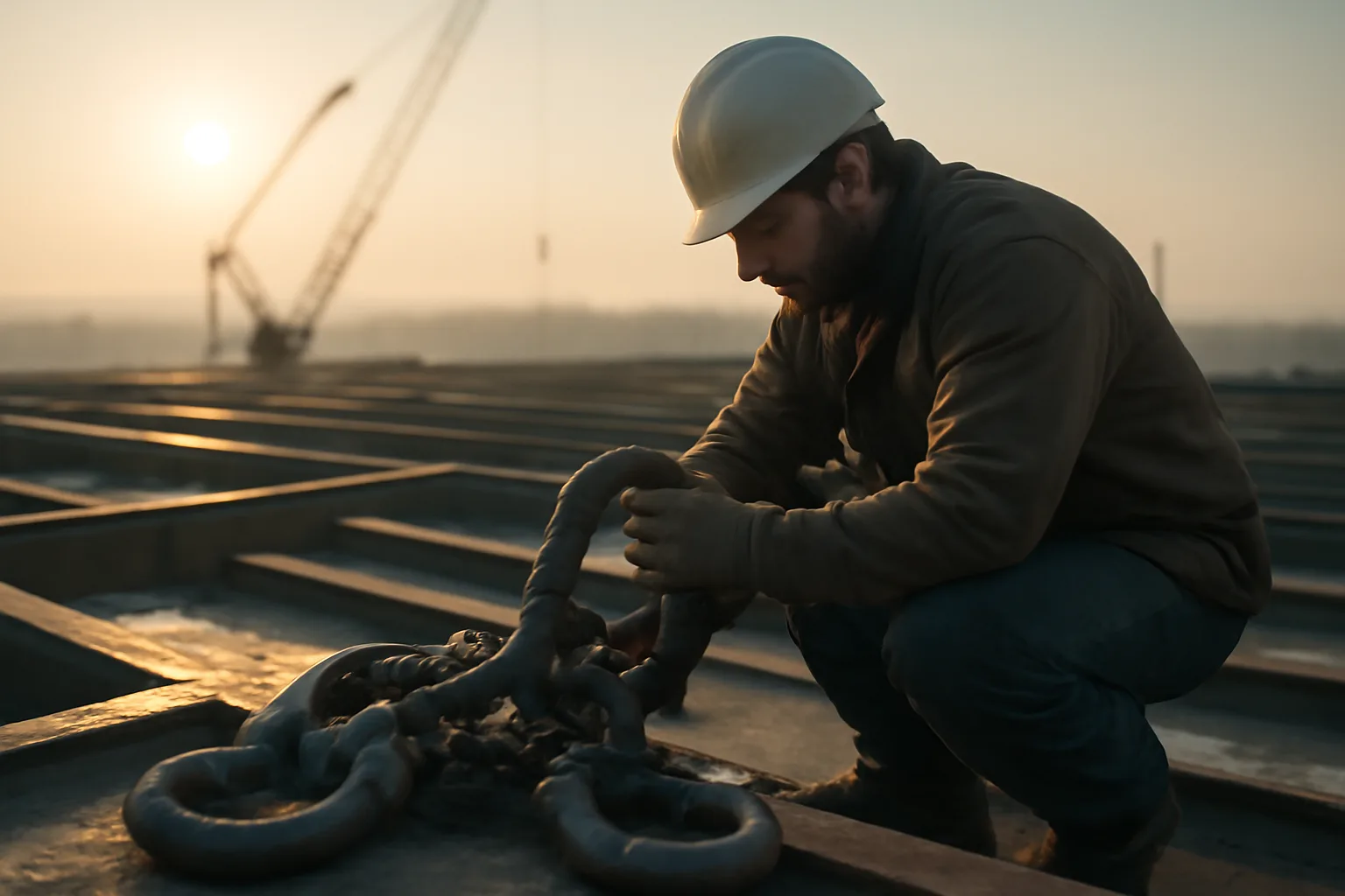 Rigger kneeling to inspect chain slings on a steel deck