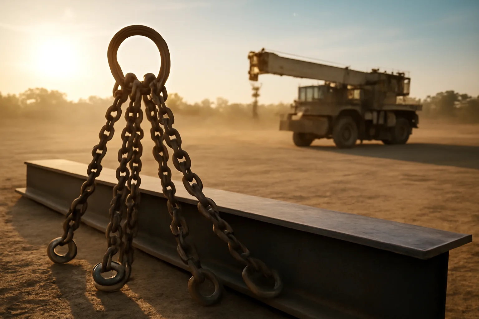 Chain sling and steel beam beside a crane in an Alabama yard