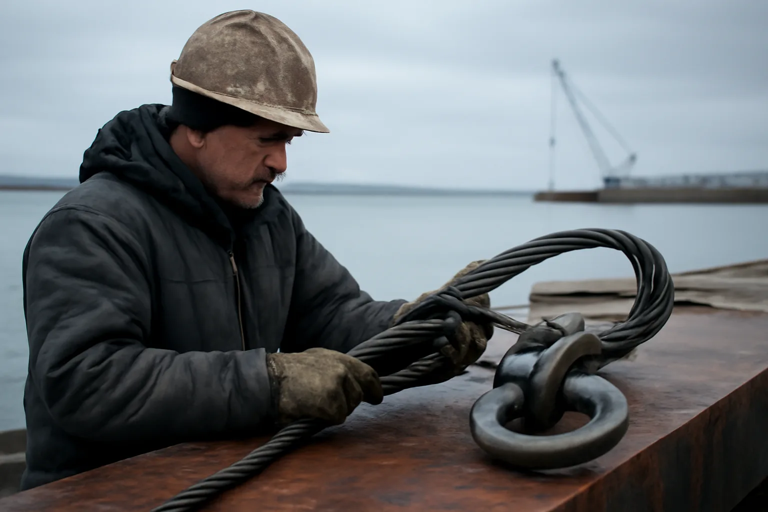 Rigger checks slings beside a steel load on an Alaska dock