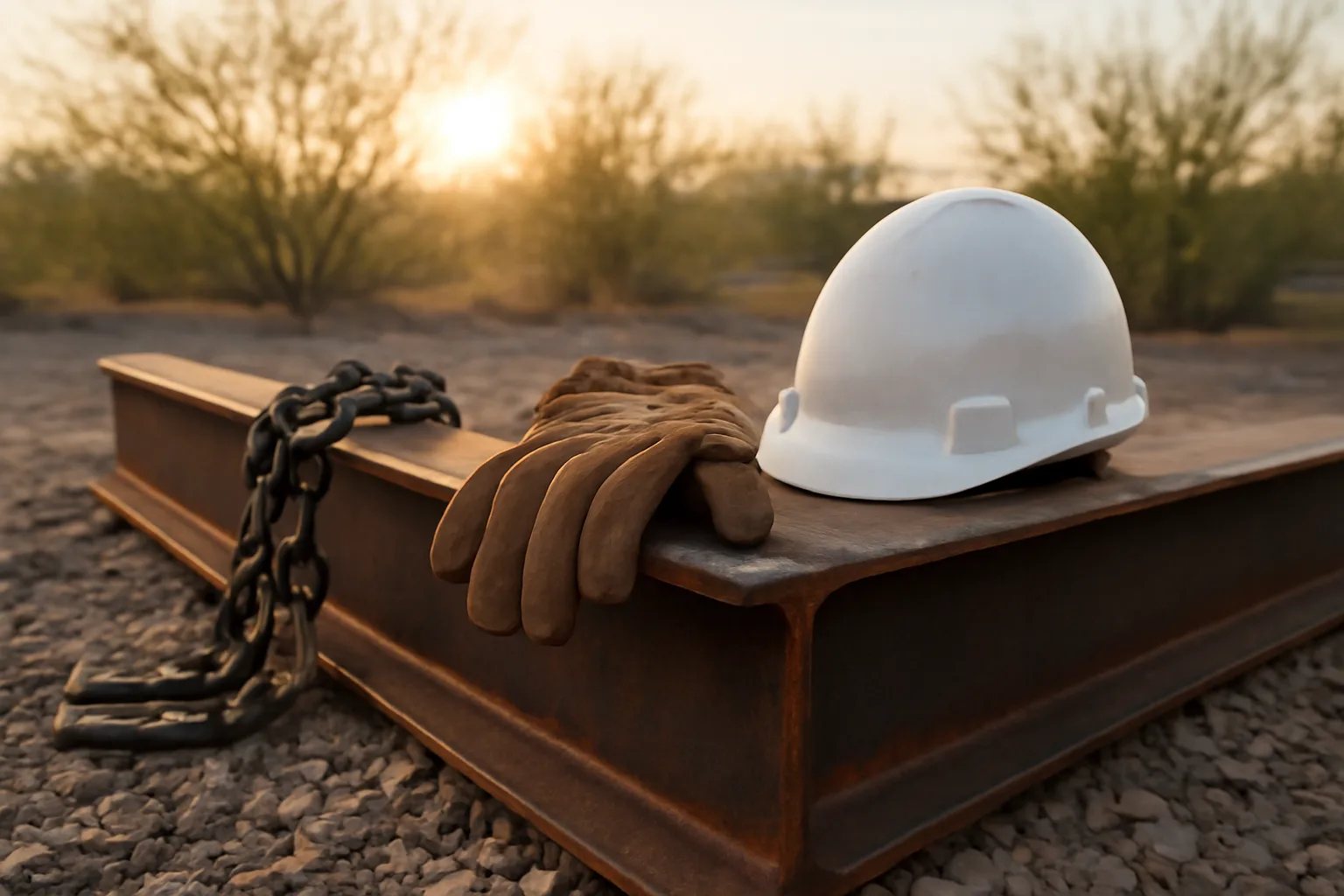 Chain sling and hard hat on a steel beam at an Arizona site