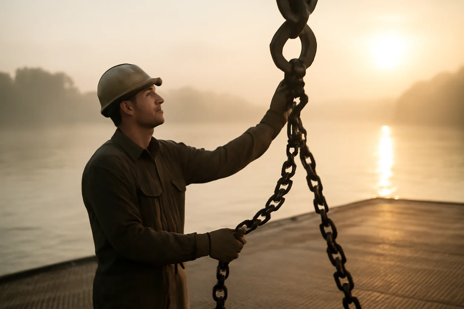 Arkansas rigger checks a chain sling on a crane hook