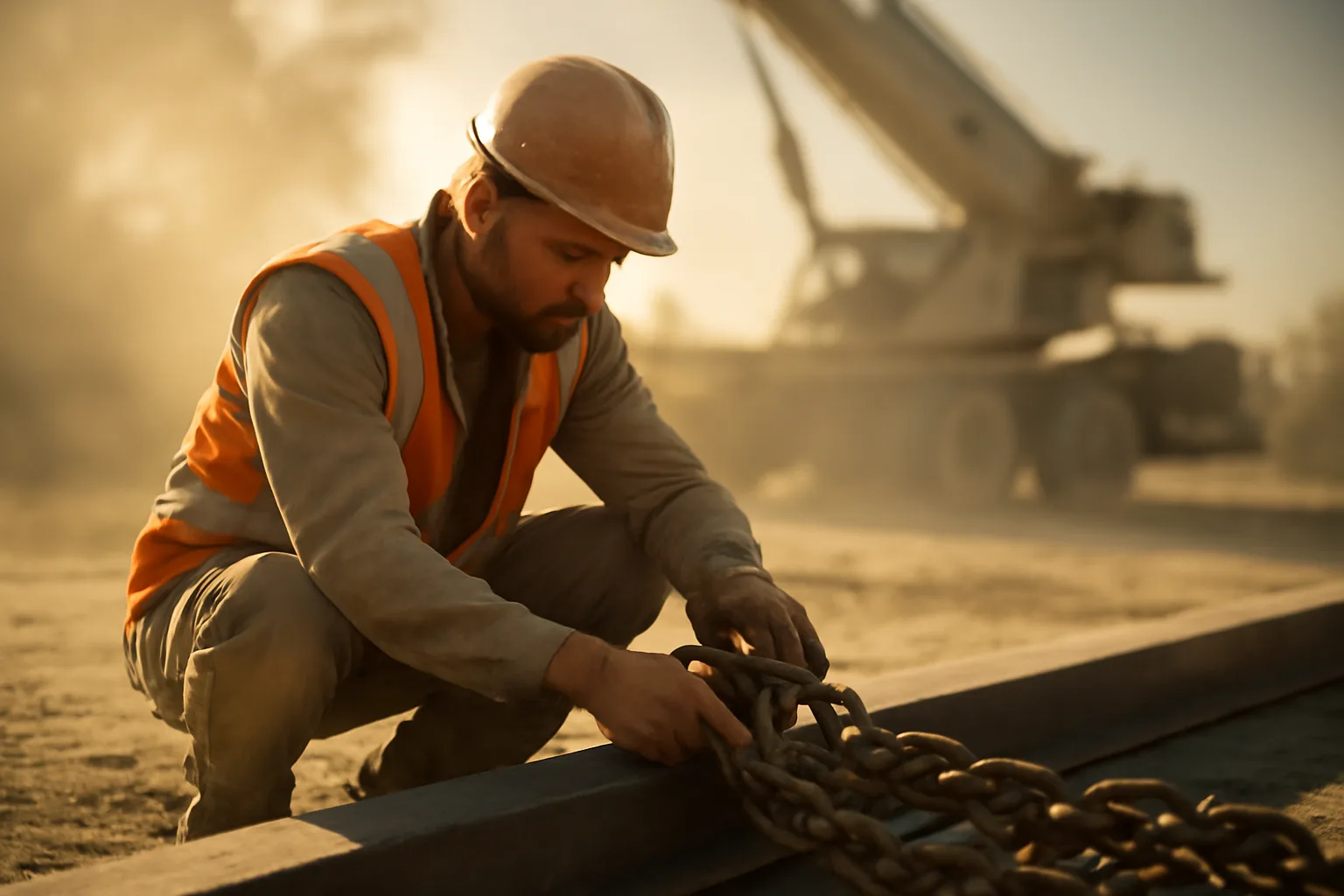 Rigger inspecting chain slings on a steel beam in California