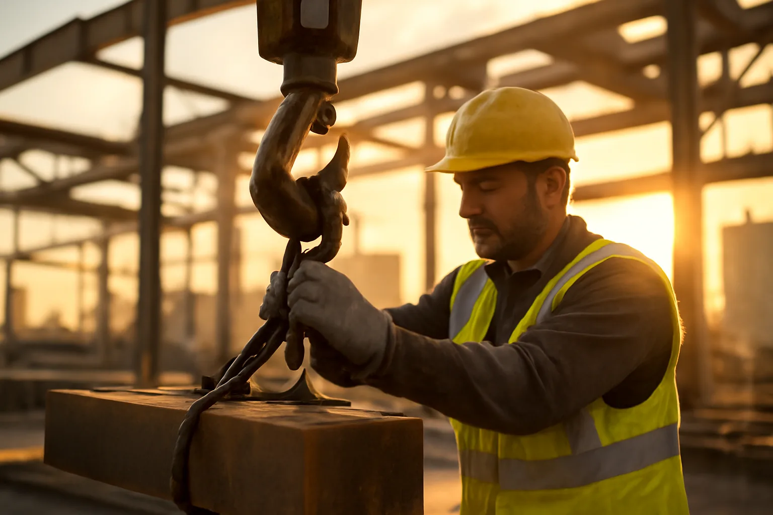 Rigger securing a load to a crane hook on a Colorado construction site
