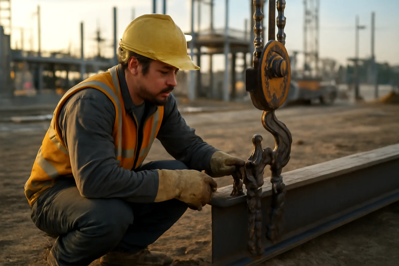 Rigger in hard hat inspecting chain hoist and rigging hardware at Connecticut construction site