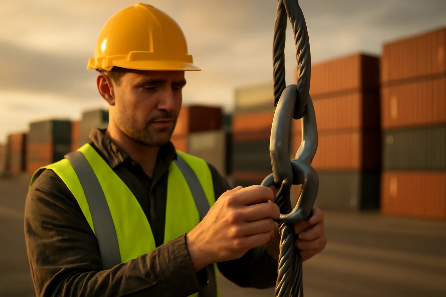 Rigger inspecting wire rope sling and shackle at a Delaware port dock