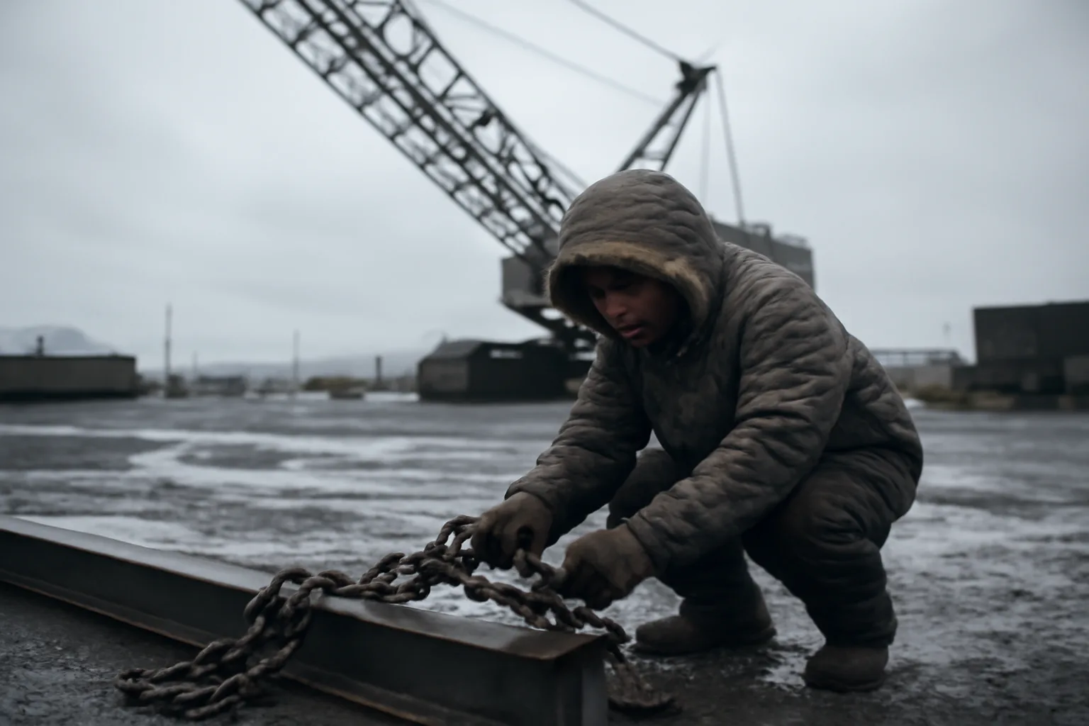 Rigger inspecting a chain sling under a crane in Alaska