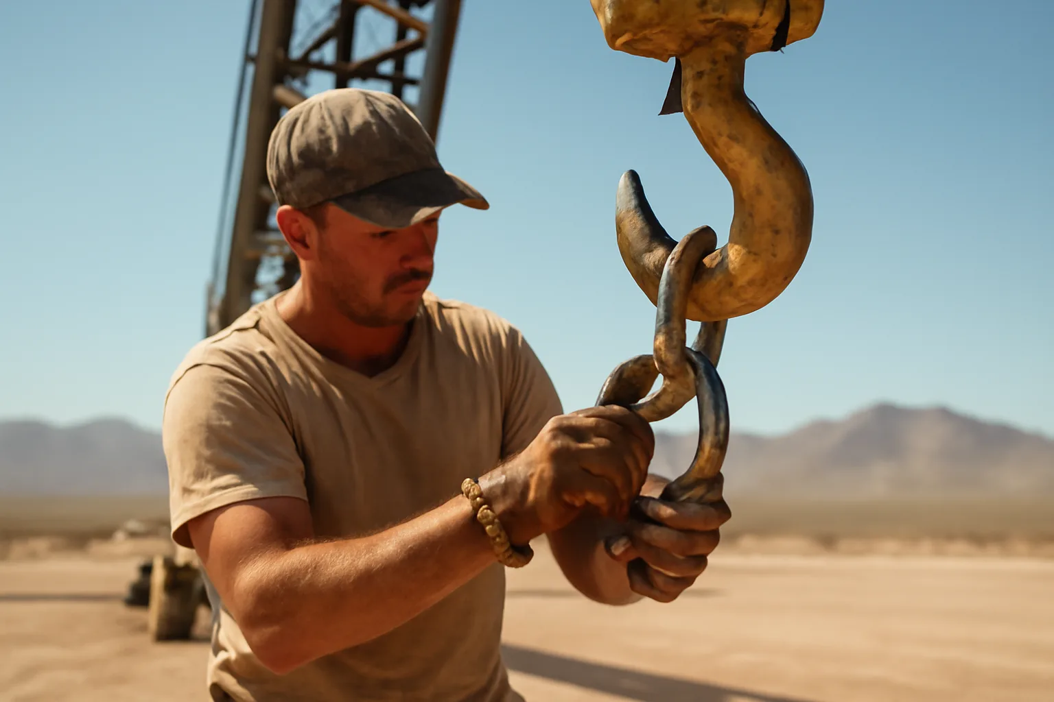 Arizona rigger seats a shackle on a crane hook at dusk