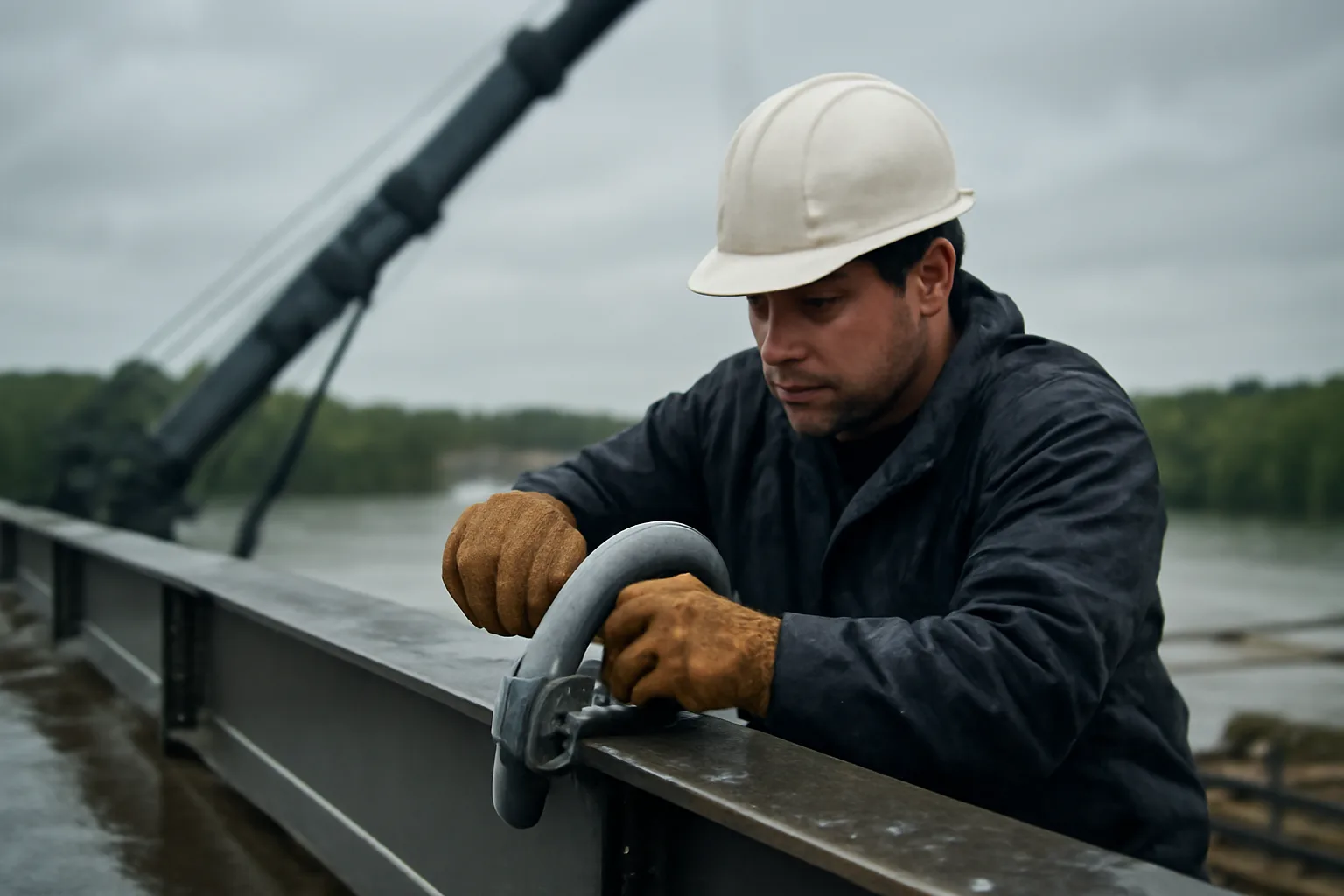 Rigger seats a shackle on steel near the Arkansas River