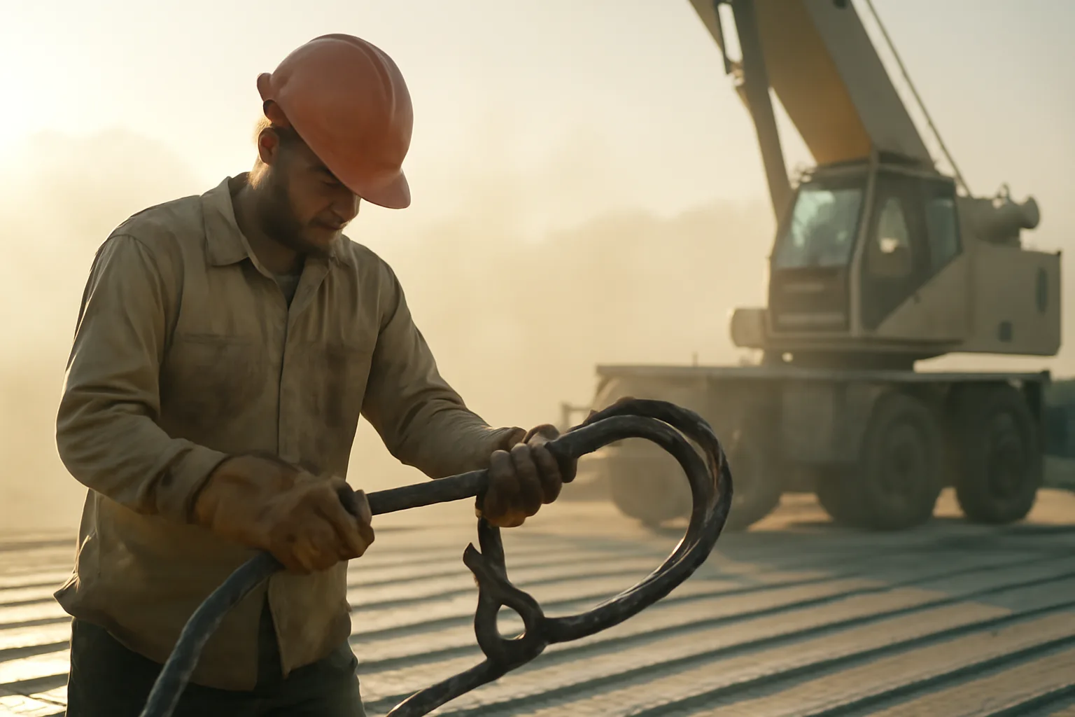 Rigger checking a wire sling on a California jobsite deck