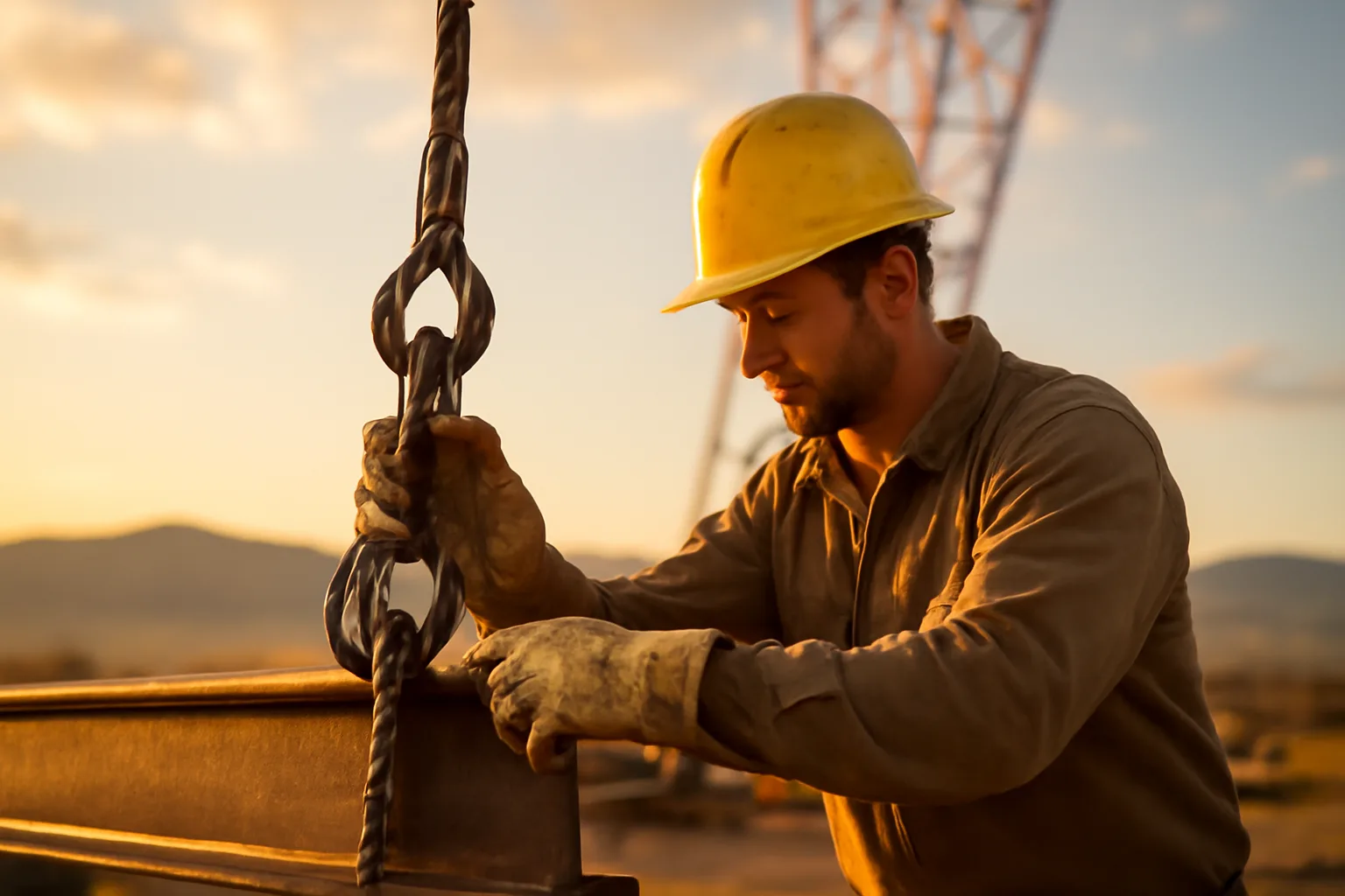 Rigger in hard hat connecting sling to steel beam with crane visible in Colorado
