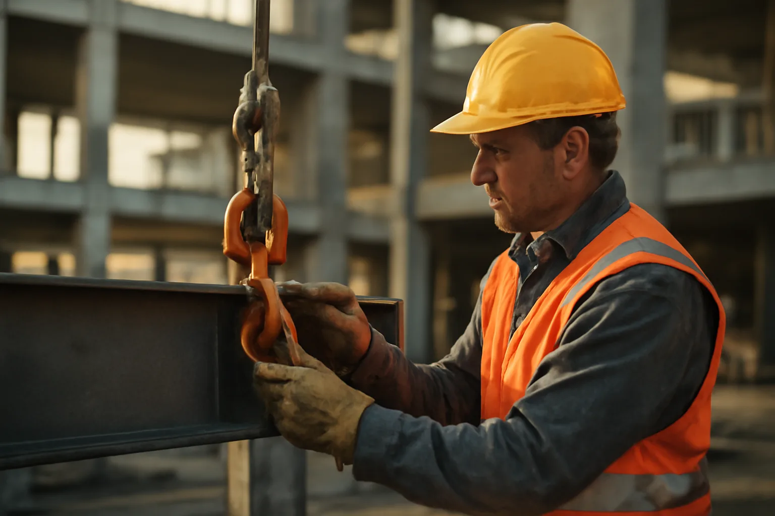 Rigger attaching hardware to a steel beam at a Connecticut construction site