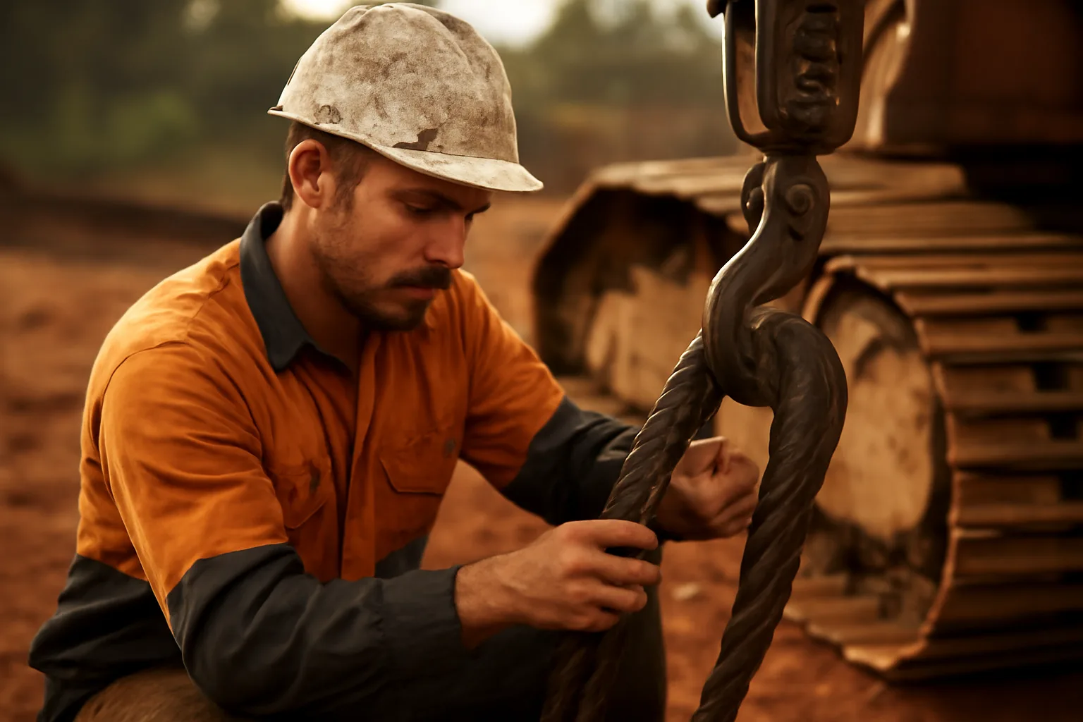 Rigger checks a crane hook and sling on an Alabama jobsite