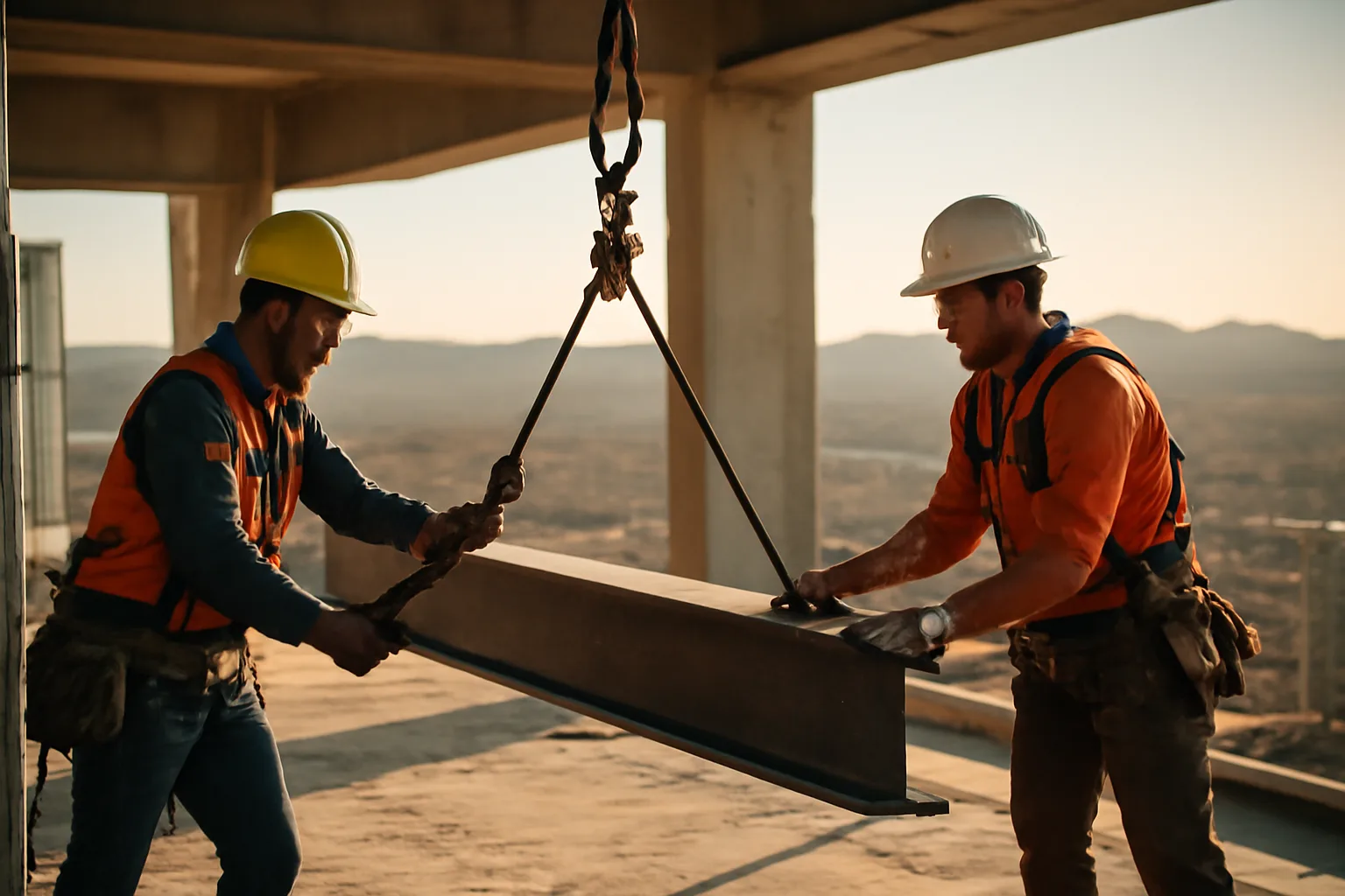 Riggers landing steel on a Phoenix high-rise deck at afternoon