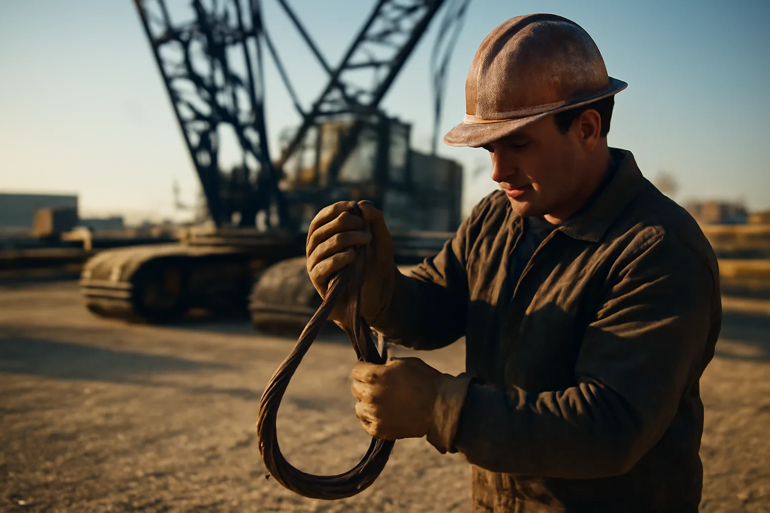 Rigger inspecting a wire rope sling beside a crawler crane