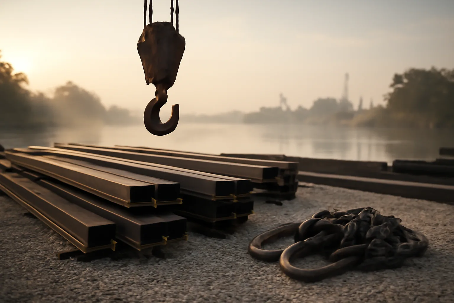 Chain sling and steel beams under a crane hook in Alabama