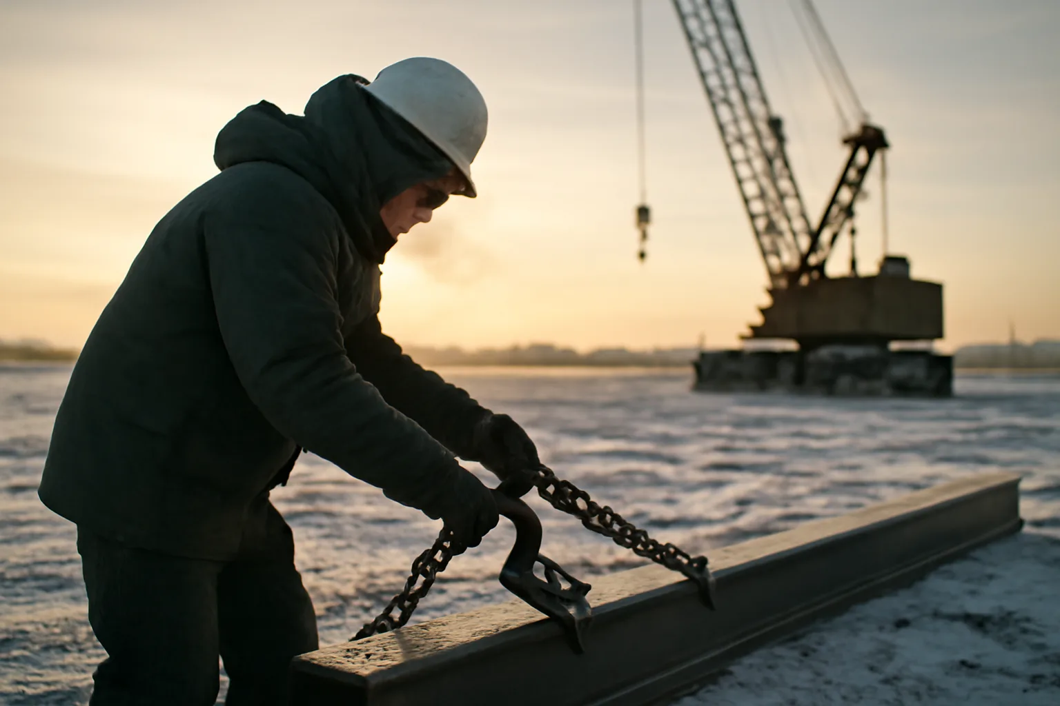 Alaska rigger sets a chain sling on steel in winter