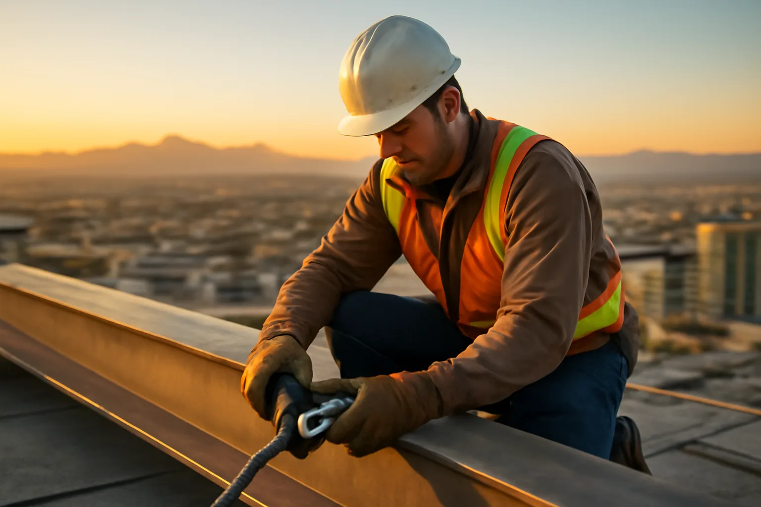 Rigger checks a shackle on steel at a Phoenix sunrise site