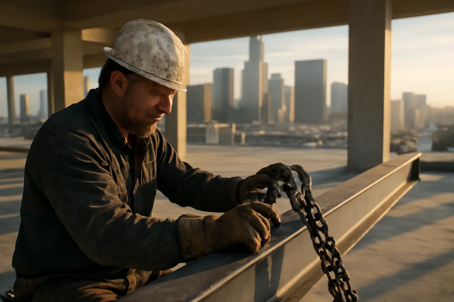 Rigger seating a chain sling on steel in downtown Los Angeles