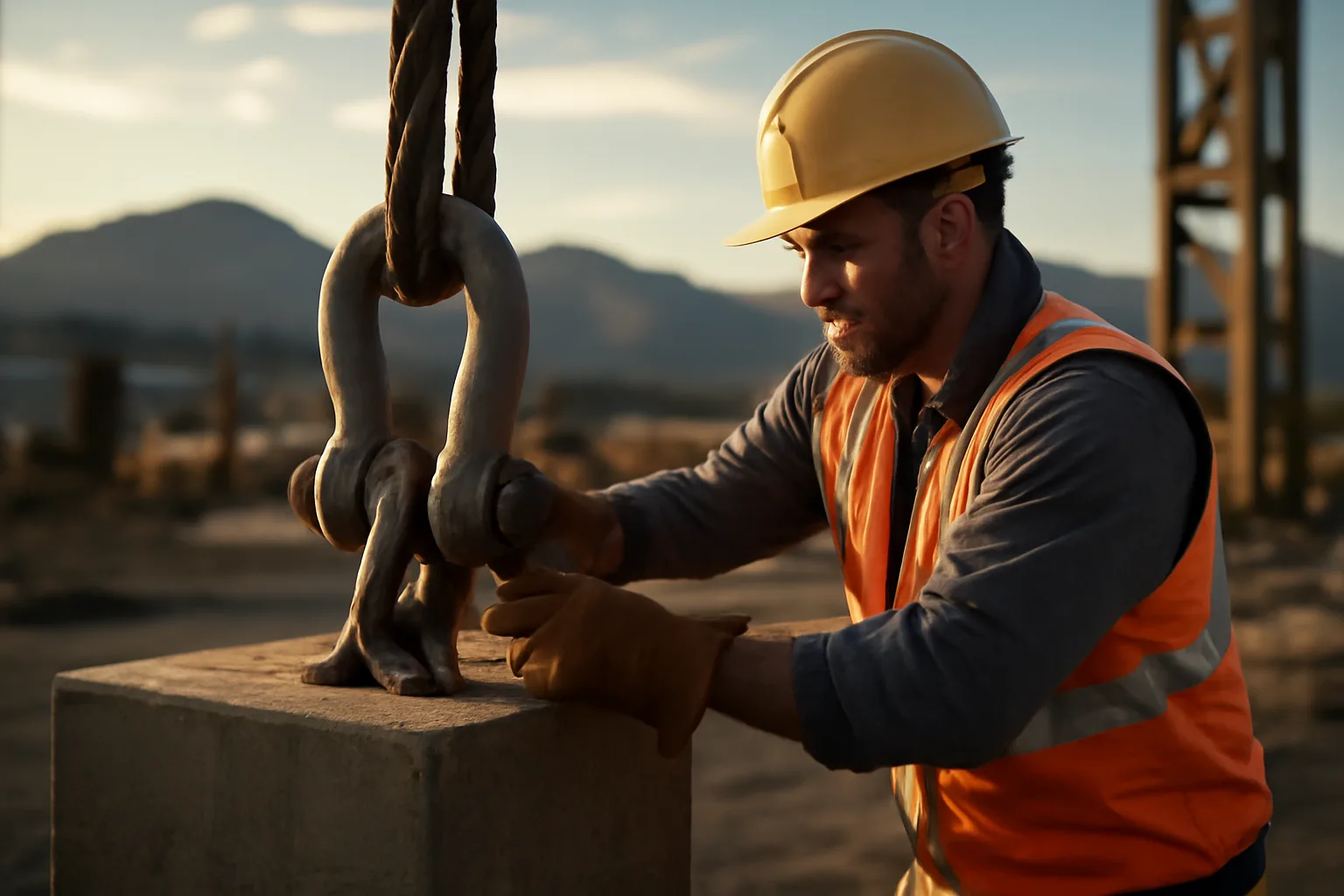Rigger attaching rigging hardware to a steel load on a Colorado construction site