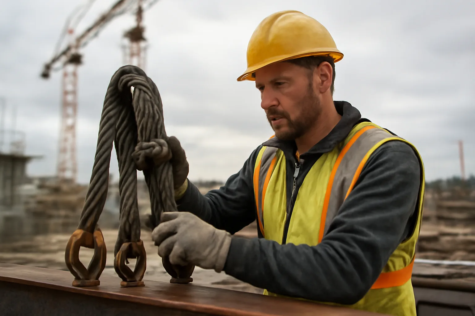 Rigger inspecting wire rope slings on a steel construction beam in Connecticut