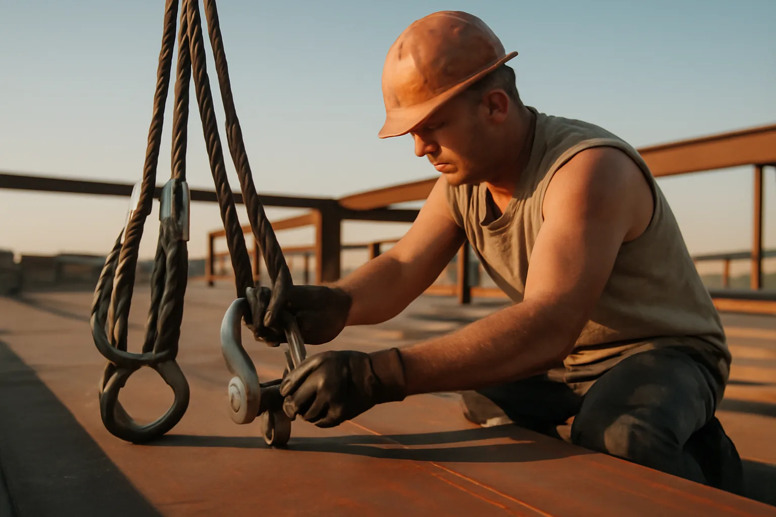 Alabama rigger setting a shackle on a steel beam